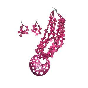 Pink Fushia Necklace Earrings Set Wood Beads Jewelry Sets For Women